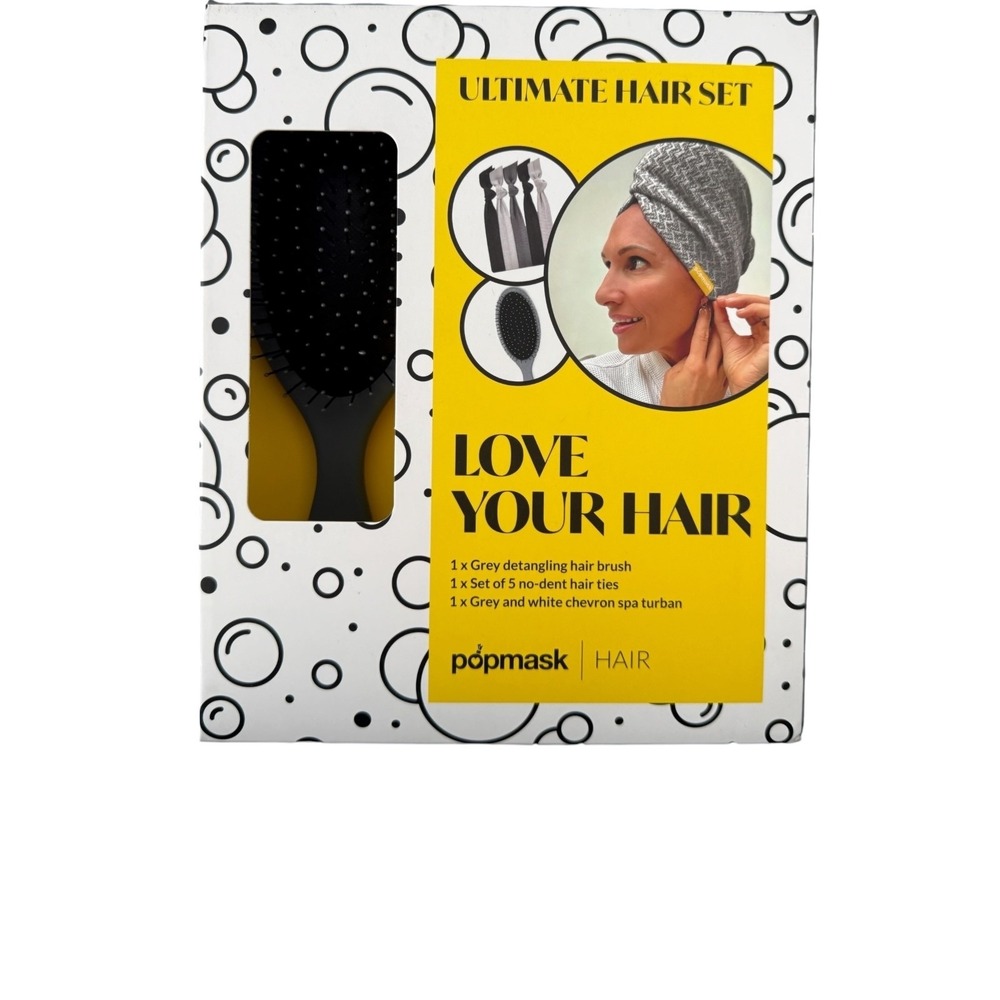 Popmask Ultimate Hair Set Detangling Gray Hair Brush With Hair Ties & Turban new - Picture 8 of 8